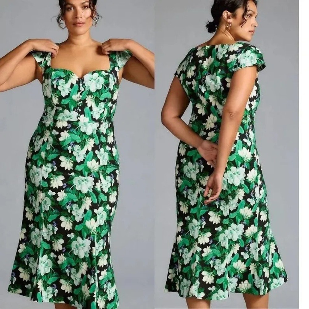 Anthropologie Floral Fit Flare Dress Green 1X Wedding Summer Feminine Retro $170
